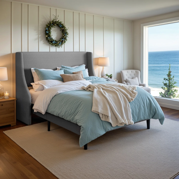 Light grey linen upholstered queen platform bed with wingback headboard, tapered black legs, and slatted support – no box spring needed
