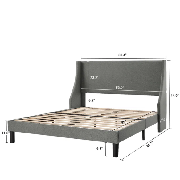 Light grey linen upholstered queen platform bed with wingback headboard, tapered black legs, and slatted support – no box spring needed