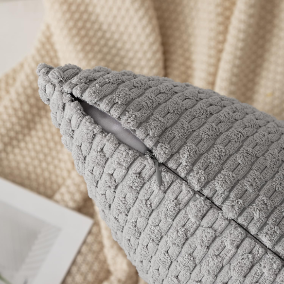 Light Grey Striped Corduroy Throw Pillow Cover – Modern & Boho Style, 100% Polyester, Zipper Closure, Machine Washable, Available in Multiple Sizes.