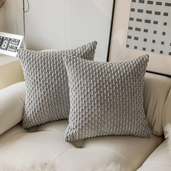 Light Grey Striped Corduroy Throw Pillow Cover – Modern & Boho Style, 100% Polyester, Zipper Closure, Machine Washable, Available in Multiple Sizes.
