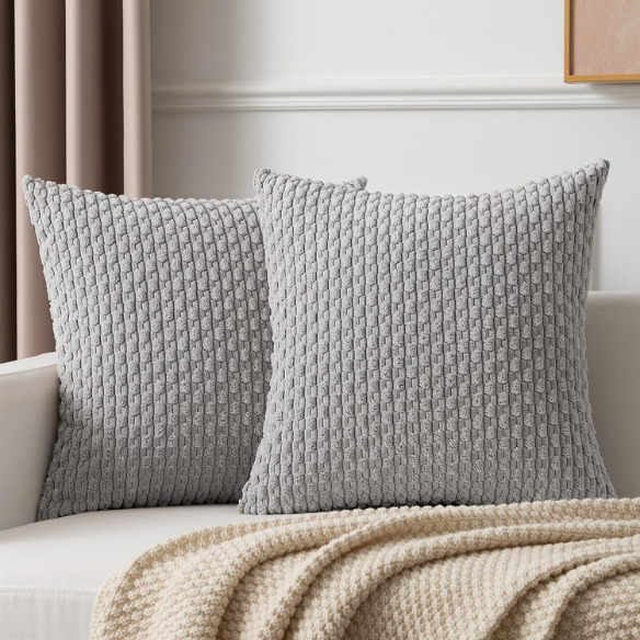 Light Grey Striped Corduroy Throw Pillow Cover – Modern & Boho Style, 100% Polyester, Zipper Closure, Machine Washable, Available in Multiple Sizes.