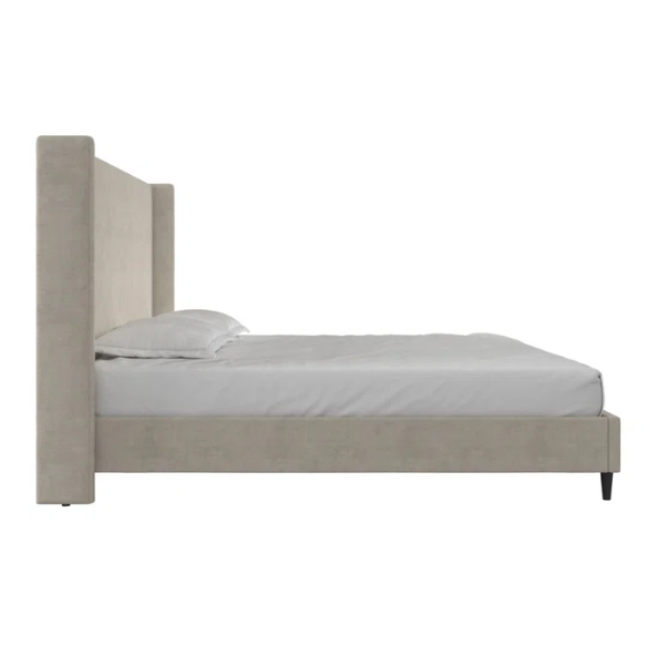 Light grey upholstered king platform bed with tall wingback headboard in soft woven fabric, no box spring required