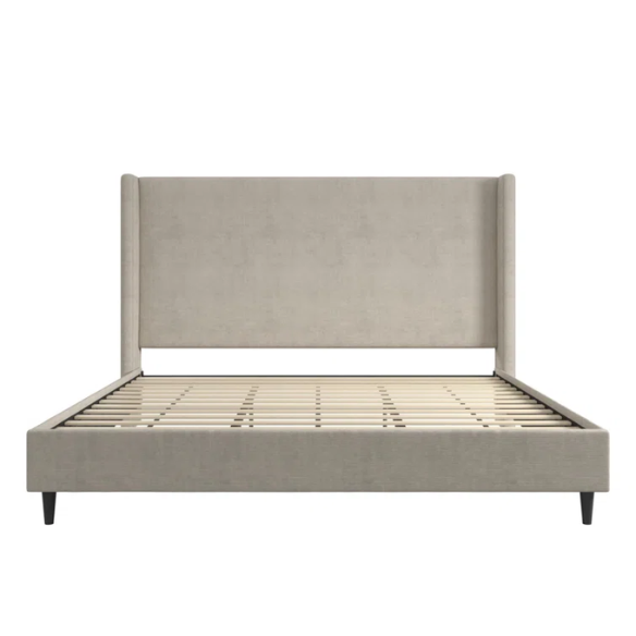Light grey upholstered king platform bed with tall wingback headboard in soft woven fabric, no box spring required