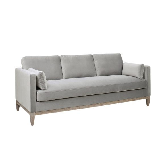 Light grey velvet 3-seater sofa with feather-down cushions, track arms, and natural wood legs, designed for modern and transitional spaces.