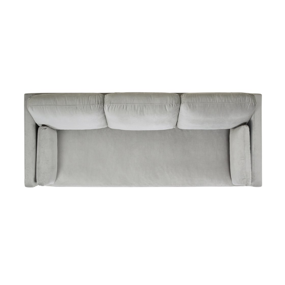 Light grey velvet 3-seater sofa with feather-down cushions, track arms, and natural wood legs, designed for modern and transitional spaces.