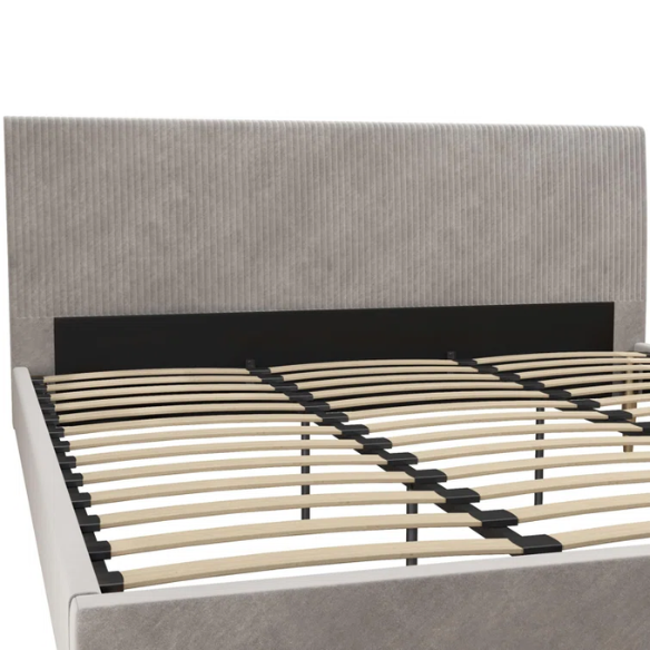 Light grey velvet king-size platform bed with upholstered headboard and wood slats, modern design, no box spring required.