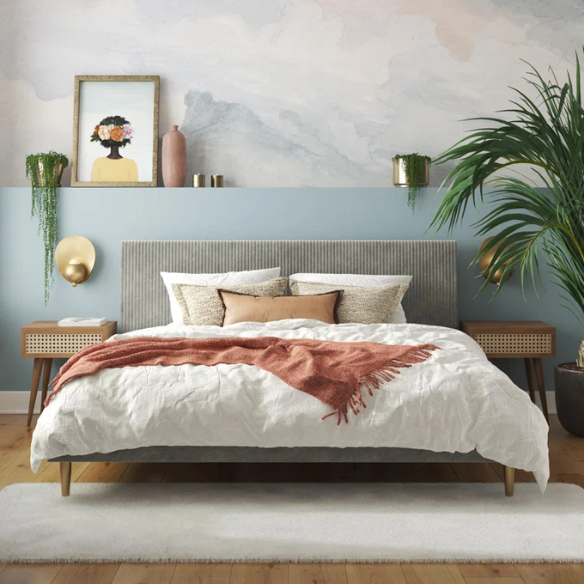 Light grey velvet king-size platform bed with upholstered headboard and wood slats, modern design, no box spring required.