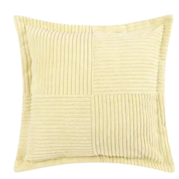 Light maize yellow corduroy pillow cover with geometric striped pattern, 45x45 cm, modern and eco-friendly throw pillow for sofa, bedroom, office, and outdoor use.