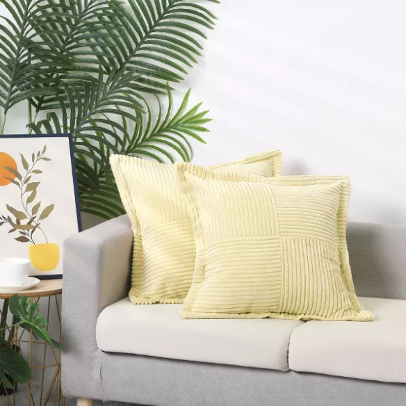Light maize yellow corduroy pillow cover with geometric striped pattern, 45x45 cm, modern and eco-friendly throw pillow for sofa, bedroom, office, and outdoor use.