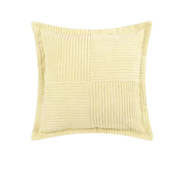 Light maize yellow corduroy pillow cover with geometric striped pattern, 45x45 cm, modern and eco-friendly throw pillow for sofa, bedroom, office, and outdoor use.
