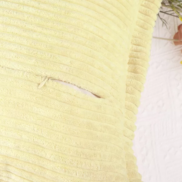 Light maize yellow corduroy pillow cover with geometric striped pattern, 45x45 cm, modern and eco-friendly throw pillow for sofa, bedroom, office, and outdoor use.