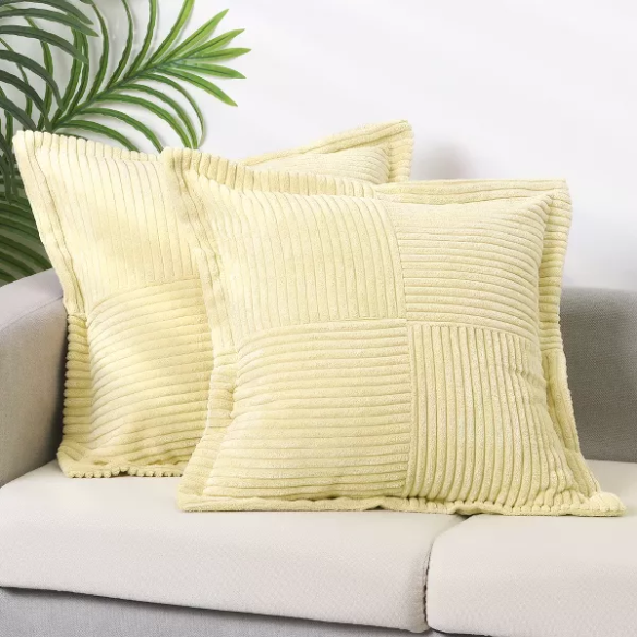 Light maize yellow corduroy pillow cover with geometric striped pattern, 45x45 cm, modern and eco-friendly throw pillow for sofa, bedroom, office, and outdoor use.