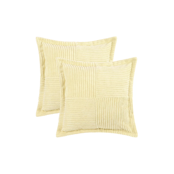 Light maize yellow corduroy pillow cover with geometric striped pattern, 45x45 cm, modern and eco-friendly throw pillow for sofa, bedroom, office, and outdoor use.