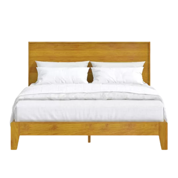 Light natural wood queen platform bed with slatted base and rectangular headboard, made from solid pine with metal center support legs