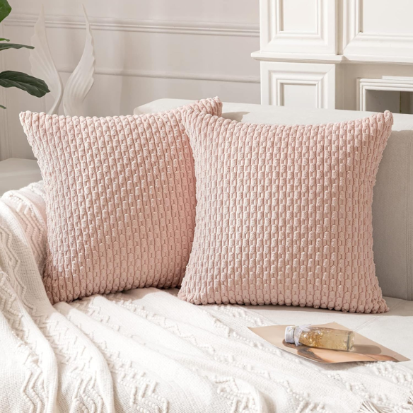Light Pink Striped Corduroy Throw Pillow Cover – Modern Boho Style, Zipper Closure, Machine Washable, Soft Polyester Material, Available in Multiple Sizes