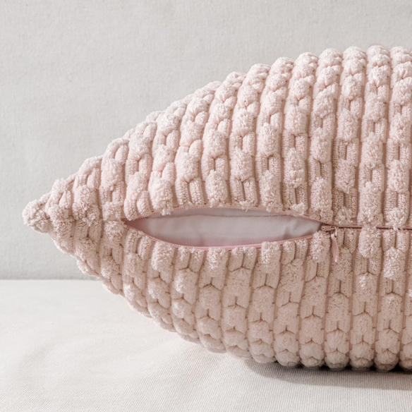 Light Pink Striped Corduroy Throw Pillow Cover – Modern Boho Style, Zipper Closure, Machine Washable, Soft Polyester Material, Available in Multiple Sizes