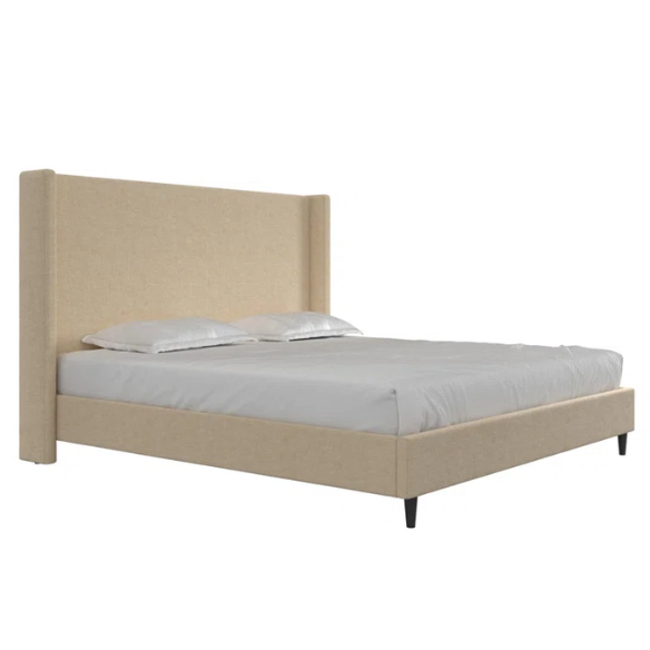 Light tan canvas upholstered king platform bed with tall wingback headboard, no box spring required