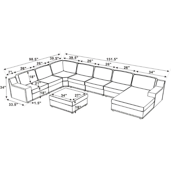 Spacious light taupe U-shaped sectional sofa with reversible configuration, removable cushions, nailhead trim, and matching ottoman—seats up to 8.