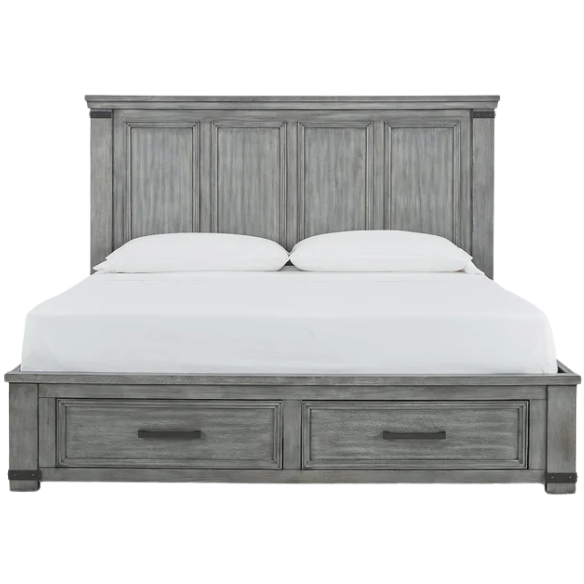 King-size storage bed in light weathered gray finish with tall panel headboard, footboard drawers, and dark bronze hardware accents
