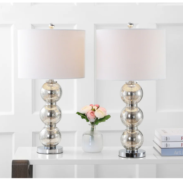 Set of 2 mercury glass table lamps with triple-sphere design, polished silver accents, and white linen drum shade – elegant lighting for modern or glam interiors