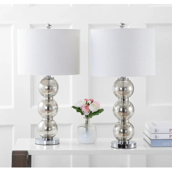 Set of 2 mercury glass table lamps with triple-sphere design, polished silver accents, and white linen drum shade – elegant lighting for modern or glam interiors