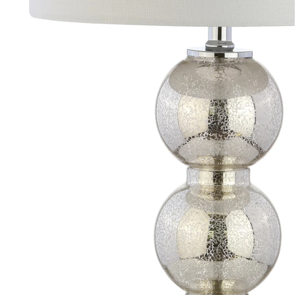 Set of 2 mercury glass table lamps with triple-sphere design, polished silver accents, and white linen drum shade – elegant lighting for modern or glam interiors