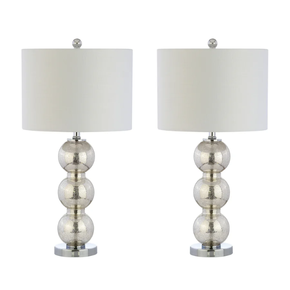 Set of 2 mercury glass table lamps with triple-sphere design, polished silver accents, and white linen drum shade – elegant lighting for modern or glam interiors