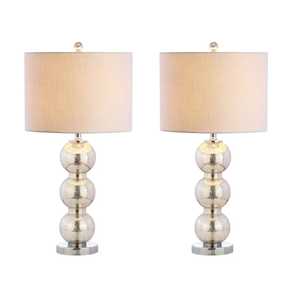 Set of 2 mercury glass table lamps with triple-sphere design, polished silver accents, and white linen drum shade – elegant lighting for modern or glam interiors