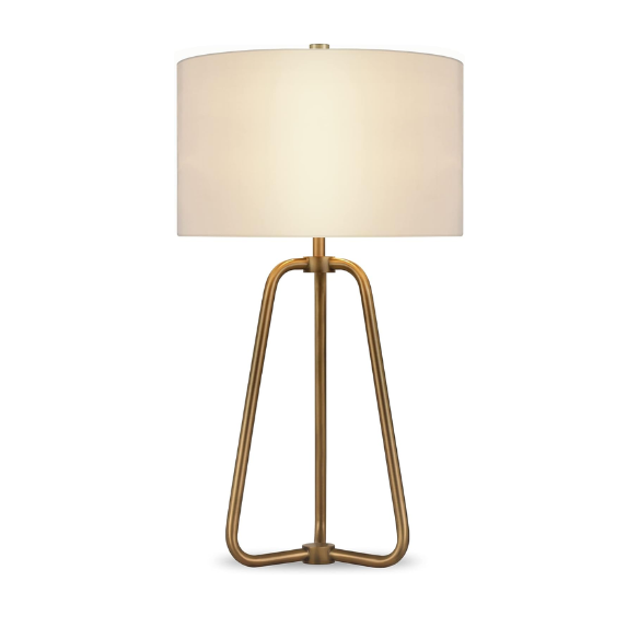Mid-century modern brass table lamp with a white drum fabric shade and rotary switch, ideal for living rooms, bedrooms, or office desks