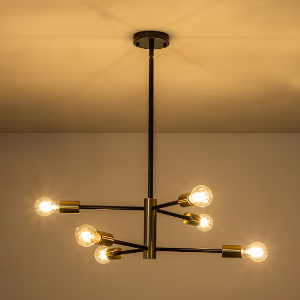 Mid-century modern industrial 6-light Sputnik chandelier in black and gold, with adjustable down rod, dimmable, and E26 bulb compatible.