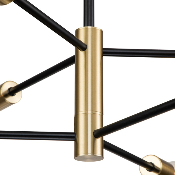 Mid-century modern industrial 6-light Sputnik chandelier in black and gold, with adjustable down rod, dimmable, and E26 bulb compatible.