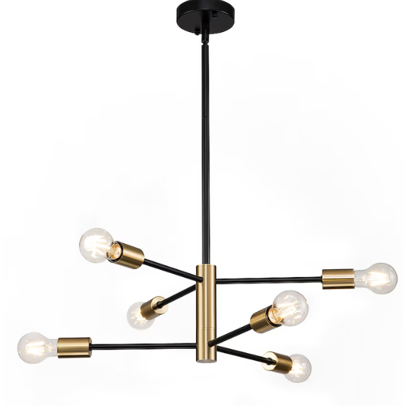Mid-century modern industrial 6-light Sputnik chandelier in black and gold, with adjustable down rod, dimmable, and E26 bulb compatible.