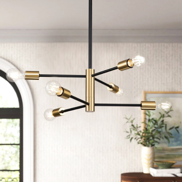 Mid-century modern industrial 6-light Sputnik chandelier in black and gold, with adjustable down rod, dimmable, and E26 bulb compatible.