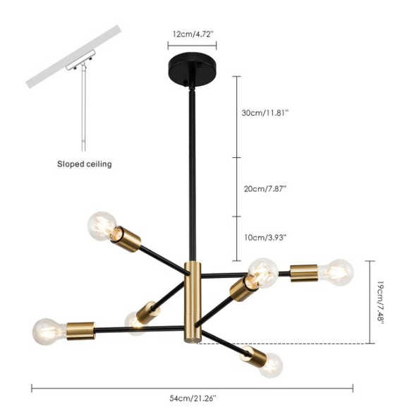 Mid-century modern industrial 6-light Sputnik chandelier in black and gold, with adjustable down rod, dimmable, and E26 bulb compatible.