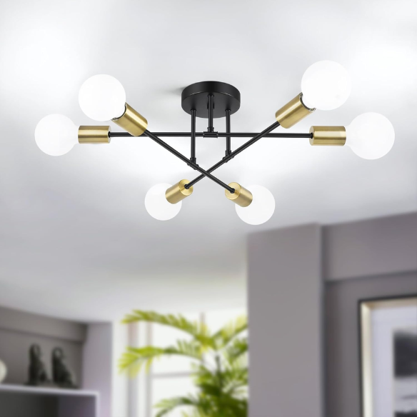 Minimalist black pendant light with gold accents, AC powered, ceiling mount.