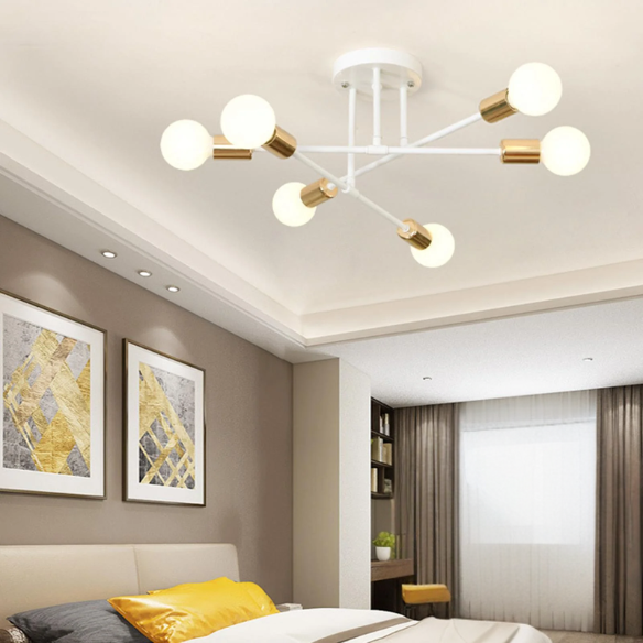 Minimalist white pendant light with gold accents, AC powered, ceiling mount, modern design.