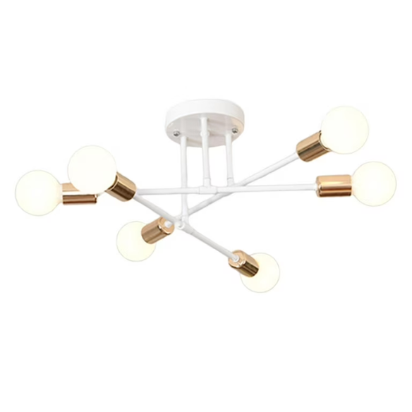 Minimalist white pendant light with gold accents, AC powered, ceiling mount, modern design.