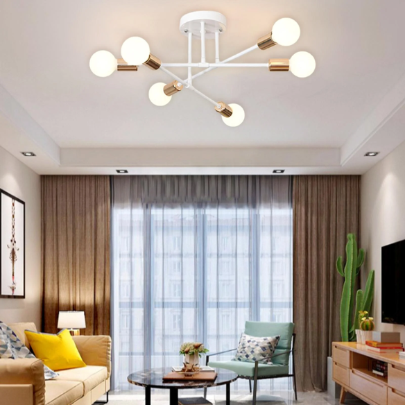 Minimalist white pendant light with gold accents, AC powered, ceiling mount, modern design.