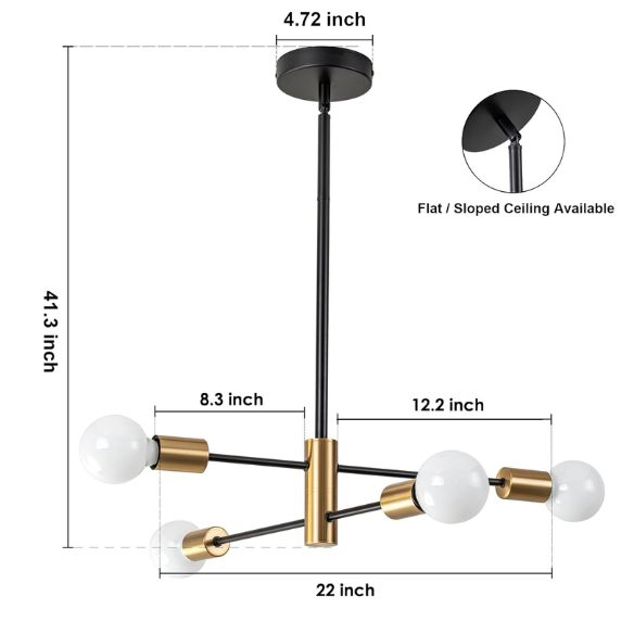 Modern 4-light mid-century industrial Sputnik chandelier in black and gold with brass shade, adjustable down rod, and E26 bulb base.