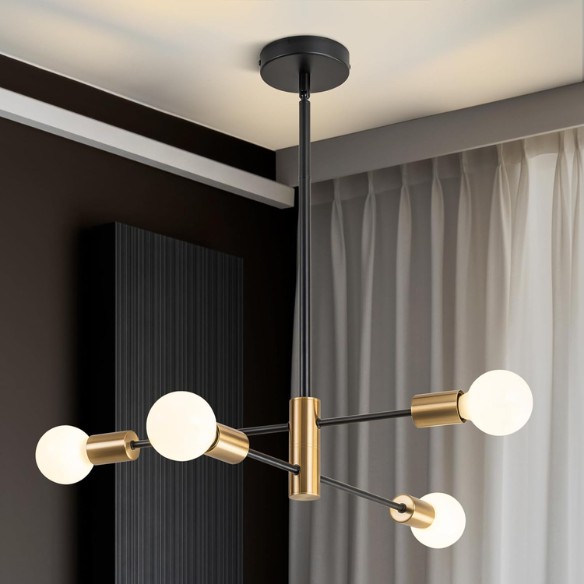 Modern 4-light mid-century industrial Sputnik chandelier in black and gold with brass shade, adjustable down rod, and E26 bulb base.