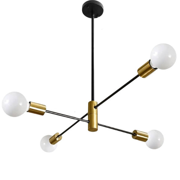 Modern 4-light mid-century industrial Sputnik chandelier in black and gold with brass shade, adjustable down rod, and E26 bulb base.