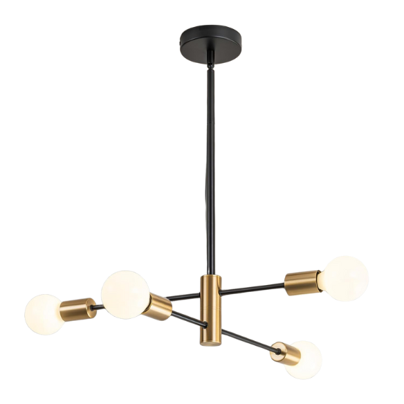 Modern 4-light mid-century industrial Sputnik chandelier in black and gold with brass shade, adjustable down rod, and E26 bulb base.
