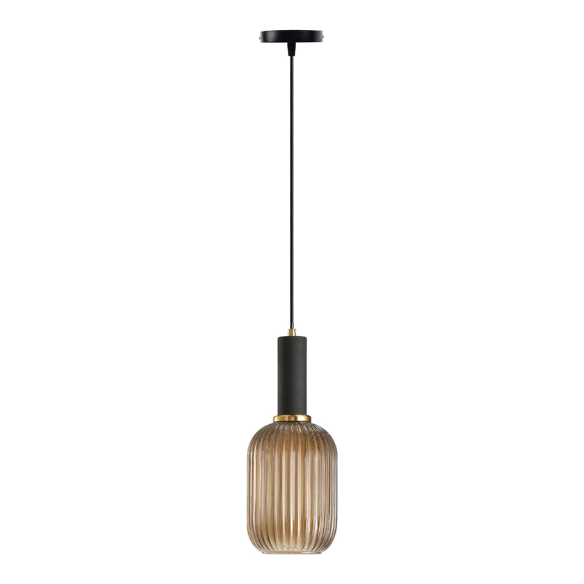 Modern amber glass pendant light with frosted shade and brass finish for contemporary decor.