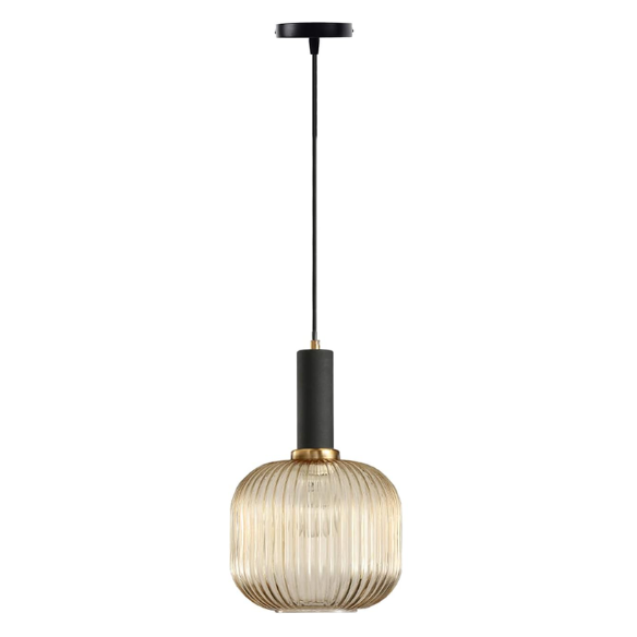 Modern amber glass pendant light with gold finish, perfect for contemporary interiors.