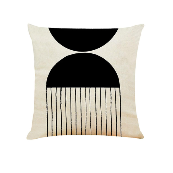 Modern Black and Beige Boho Linen Throw Pillow Cover with Abstract Print – Square Decorative Cushion for Home Decor