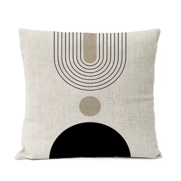 Modern Black and Beige Boho Linen Throw Pillow Cover with Abstract Print – Square Decorative Cushion for Home Decor