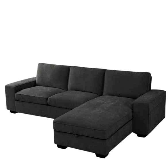 Modern black chenille upholstered sofa with reversible cushions, built-in USB charging port, under-seat storage, and matching ottoman and toss pillows.
