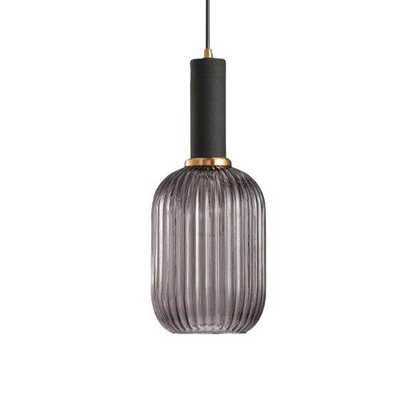 Modern black glass pendant light with frosted smoke gray shade and brass finish for contemporary home decor.