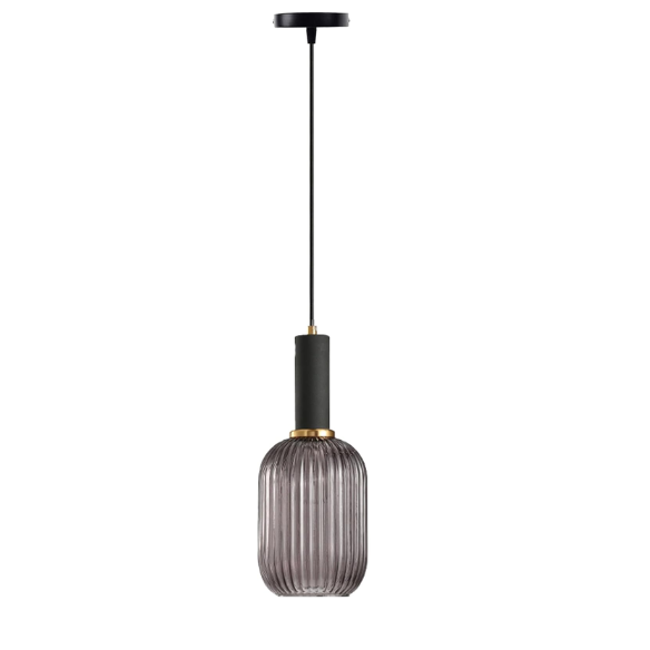 Modern black glass pendant light with frosted smoke gray shade and brass finish for contemporary home decor.