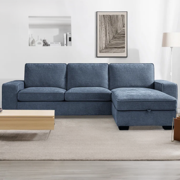 Modern blue chenille sofa with reversible cushions, under-seat storage, built-in USB port, and included ottoman and accent pillows.